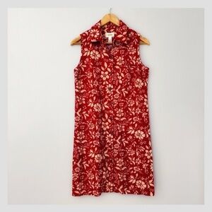 Talbots Shirt Dress Sleeveless Linen Rayon Button Front Red Tan All Over Floral